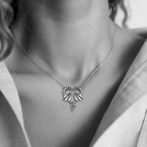 Lant cu pandantiv dragoni indragostiti, model inima romantica, tematica dragon fantasy, unisex, argintiu - Img 3