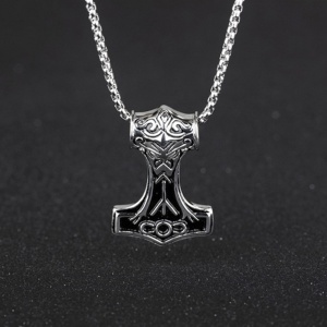 Lant cu pandantiv Mjolnir toporul lui Thor, model viking style, unisex, argintiu, - Img 4