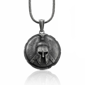 Lant cu pandantiv, model cu luptator spartan, tematica brave warrior, unisex, argintiu inchis, - Img 2
