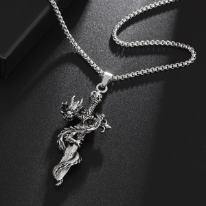 Lant cu pandantiv sabie si dragon, model retro mitologic, tematica dragon sword, unisex, argintiu, - Img 2