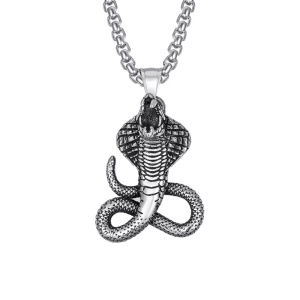 Lant cu pandantiv sarpe, model cobra, M3, unisex, argintiu inchis,