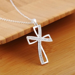 Lant dama, pandantiv cruce cu pietre, model religios, tematica holy cross, argintiu - Img 4
