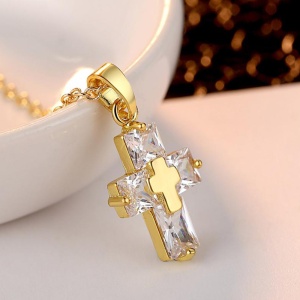 Lant dama, pandantiv cruce din cristal, model minimalist elegant, reglabil, auriu - Img 3