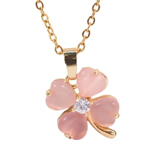 Lant dama, pandantiv trifoi cu patru foi, model norocos cu cristal, tematica fashion spring, reglabil, roz