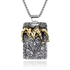 Lant evil joker headstone, pandantiv carte de joc, model life is a joke, unisex, argintiu,
