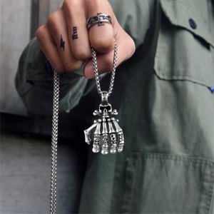 Lant friendly hand, cu pandantiv manuta, tematica vodoo skull, unisex, argintiu, - Img 2