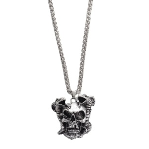 Lant gotic cu pandantiv cap de schelet cu doua cobre, model mistery life, tematica underworld, unisex, argintiu,