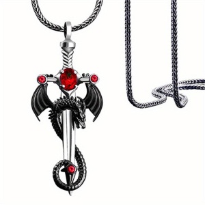 Lant gotic cu pandantiv sabie si dragon, model mitologic fantasy, tematica dragon slayer, unisex, rosu,