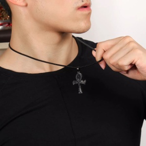 Lant model Anhk, cu pandantiv cruce egipteana, unisex, negru, - Img 2