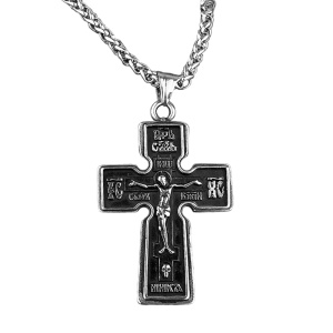 Lant, model bizantin, pandantiv cruce, detalii multiple, unisex, argintiu,