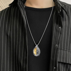 Lant model double face, cu pandantiv Buddha and Devil demon, unisex, argintiu cu auriu, - Img 4