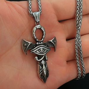 Lant model egiptean, cu pandantiv cruce cu ochiul lui Horus, unisex, argintiu, - Img 3