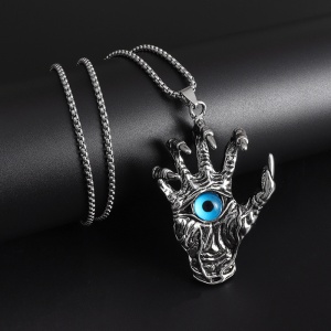 Lant, model gotic vintage, pandantiv mana cu ochi de demon, unisex, argintiu, - Img 2