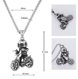Lant, model retro, pandantiv schelet motociclist, tematica ghost rider, unisex, argintiu, - Img 4