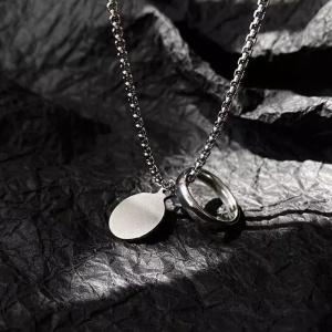 Lant, model steel circle, pandantiv rotund si inel, argintiu, unisex - Img 3