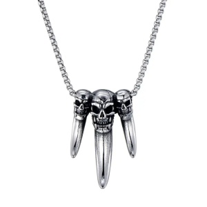 Lant model vodoo charm, cu pandantiv dinti de animal cu cap de schelet, unisex, argintiu,