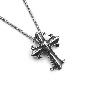 Lant unisex, cu pandantiv cruce, model cu cap de schelet, tematica holy ghost, argintiu, - Img 2