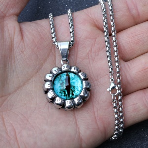 Lant unisex, pandantiv deosebit, model cu ochi de sticla si cifre romane, tematica evil eye, argintiu cu albastru, - Img 3