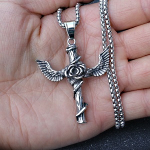 Lant unisex, pandantiv deosebit, model cu trandafir si aripi in forma de cruce, tematica winged flower, argintiu, - Img 2
