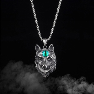 Lant unisex, pandantiv deosebit, model lup cu ochi de demon din sticla, tematica evil beast, argintiu cu albastru, - Img 4