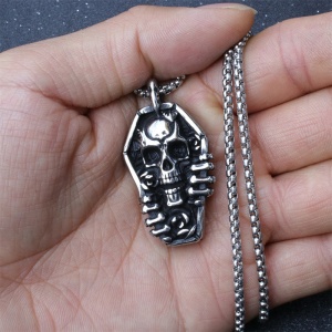 Lant unisex, pandantiv gothic, model retro tip sicriu, tematica grim reaper, argintiu, - Img 3