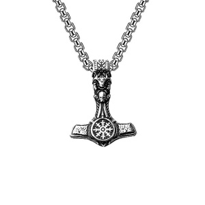 Lant unisex, pandantiv nordic, model topor viking, tematica Thor’s hammer, argintiu,