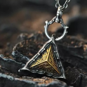 Lant unisex, pandantiv ochiul lui Horus, model special, tematica all seeing eye of God, argintiu cu auriu, - Img 3