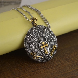 Lant unisex, pandantiv rotund deosebit, model cu vultur si cruce, cristale de sticla cu efect special, tematica royal crest pendant, auriu, - Img 2