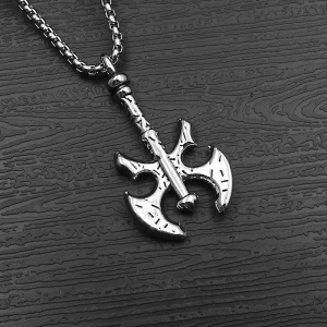 Lant unisex, pandantiv tip topor, model viking, tematica double edge axe, argintiu, - Img 4