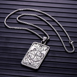 Lant Wheel of Fortune, cu pandantiv carte de tarot, unisex, argintiu, - Img 3