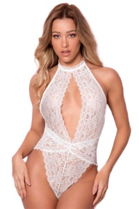 Lenjerie body sexy, dantela, chilot brazilian, alb