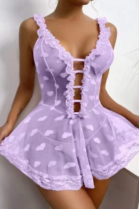 Lenjerie sexy dama, rochie cu bretele si decolteu in V, model cute romantic hearts, imprimeu inimioare, mov - Img 3