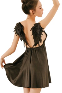 Lenjerie sexy dama, rochie scurta cu decolteu in V, model cu aripi de inger, tematica I’m your angel, neagra