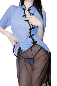 Lenjerie sexy, set 3 piese, bluza cu taietura curbata, fusta si chilot decupaj tanga, model semitransparent, tematica undress me, albastru