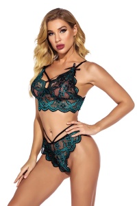 Lenjerie sexy, set din 2 piese, sutien tip bustiera si chiloti stil brazilian, dantela delicata, verde - Img 4
