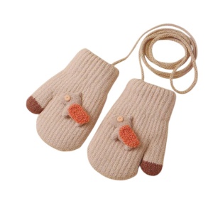 Manusi copii, model cu un singur degetel si snur, manseta elastica, accesorizate cu figurine vesele, tematica happy winter, unisex, marime 1 – 3 ani, bej
