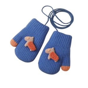 Manusi copii, model cu un singur degetel si snur, manseta elastica, accesorizate cu figurine vesele, tematica happy winter, unisex, marime 1 – 3 ani, albastru deschis