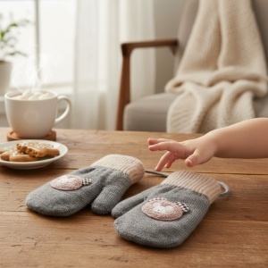Manusi copii, model dragut cu un singur degetel si snur, manseta elastica, accesorizate cu figurine vesele, tematica happy winter, unisex, marime 3 – 8 ani, gri - Img 3