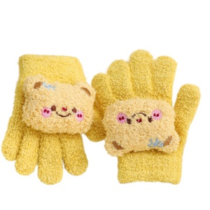 Manusi copii, model pufos cu manseta elastica, accesorizate cu figurine hazlii, tematica happy day, unisex, marime 6 – 10 ani, galbene inchis
