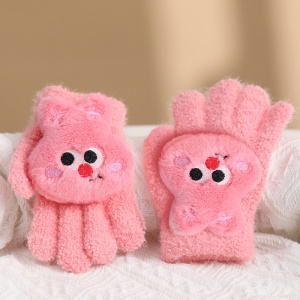 Manusi copii, model pufos cu manseta elastica, accesorizate cu figurine hazlii, tematica happy day, unisex, marime 6 – 10 ani, roz aprins - Img 3