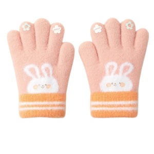Manusi copii, model pufos cu manseta elastica, accesorizate cu iepuras si floricele, tematica happy bunny, unisex, marime 3 – 5 ani, piersica