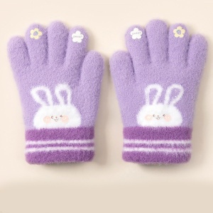 Manusi copii, model pufos cu manseta elastica, accesorizate cu iepuras si floricele, tematica happy bunny, unisex, marime 3 – 5 ani, mov - Img 3