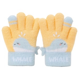 Manusi copii, model vesel cu balenuta, manseta elastica si detalii de contrast pe degete, tematica happy whale, unisex, marime 3 – 5 ani, galbene cu albastru