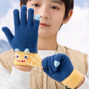 Manusi copii, model vesel, manseta accesorizata cu monstrulet, tematica happy little monster, baieti, marime 9 – 12 ani, albastru inchis - Img 4