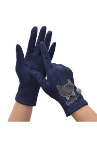 Manusi dama, model delicat cu pisica, accesorizat cu pom pom mic si fundita, tematica fashion cat, marime universala, albastru marin