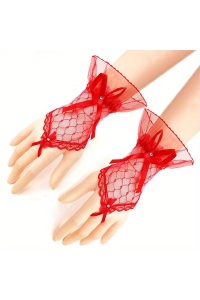 Manusi dama, scurte, prindere pe un deget, accesorizate cu fundinte delicate, model minimalist, tematica fashion style, marime universala, rosii