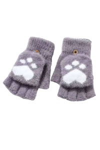 Manusi pentru adolescente pana in 18 ani, calduroase, model cu capat decapotabil si prindere cu nasture, tematica winter cat, marime universala, gri