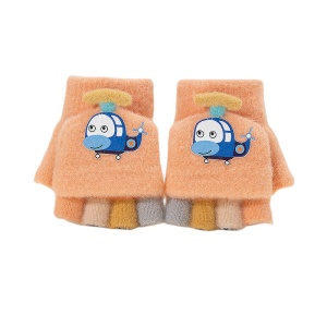 Manusi pentru copii, model cu degetele colorate descoperite si capac decapotabil, prindere cu nasturel, accesorizate cu elicopter haios, tematica let's play, unisex, marime 3 – 5 ani, portocalii