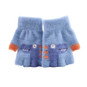 Manusi pentru copii, model cu degetele descoperite, imprimeu cu dinozaur, detalii de contrast, tematica funny dino, unisex, marime 4 – 8 ani, albastru deschis
