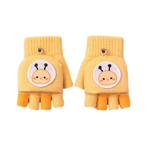 Manusi pentru copii, model cu degetele descoperite si capac decapotabil, prindere cu nasturel, accesorizate cu figurine vesele, tematica happy day, unisex, marime 9 – 12 ani, galbene